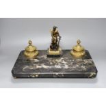 A bronze and marble ‘mercury’ inkstand, 40cm wide