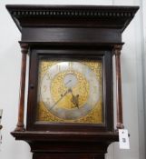 A George III style oak cased longcase clock with silvered chapter ring, height 197cm