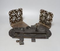 A 19th century or earlier iron lock, 31cm long, and a pair of 19th century pierced steel bookends