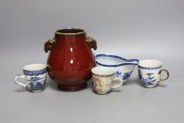 An 18th century Chinese export tea cup, 3 pieces of export blue and white and a sang de boeuf