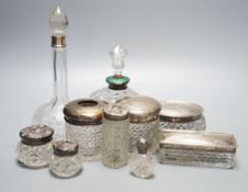 Two silver mounted cut glass scent bottles, including enamel(a.f.) and eight various dressing
