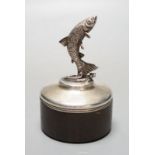 A modern silver mounted wooden box and cover by Brian Leslie Fuller box, with leaping salmon finial,