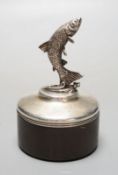 A modern silver mounted wooden box and cover by Brian Leslie Fuller box, with leaping salmon finial,