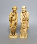 Two Japanese ivory okimono figures of a fisherman and another, marked to base, early 20th