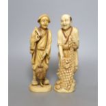 Two Japanese ivory okimono figures of a fisherman and another, marked to base, early 20th