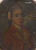 Late 18th century English School, oil on canvas, Portrait of a gentleman wearing a red coat, oval,