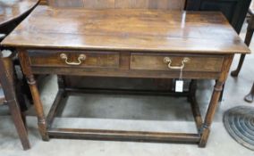 An 18th century style oak two drawer side table, width 120cm, depth 51cm, height 74cm