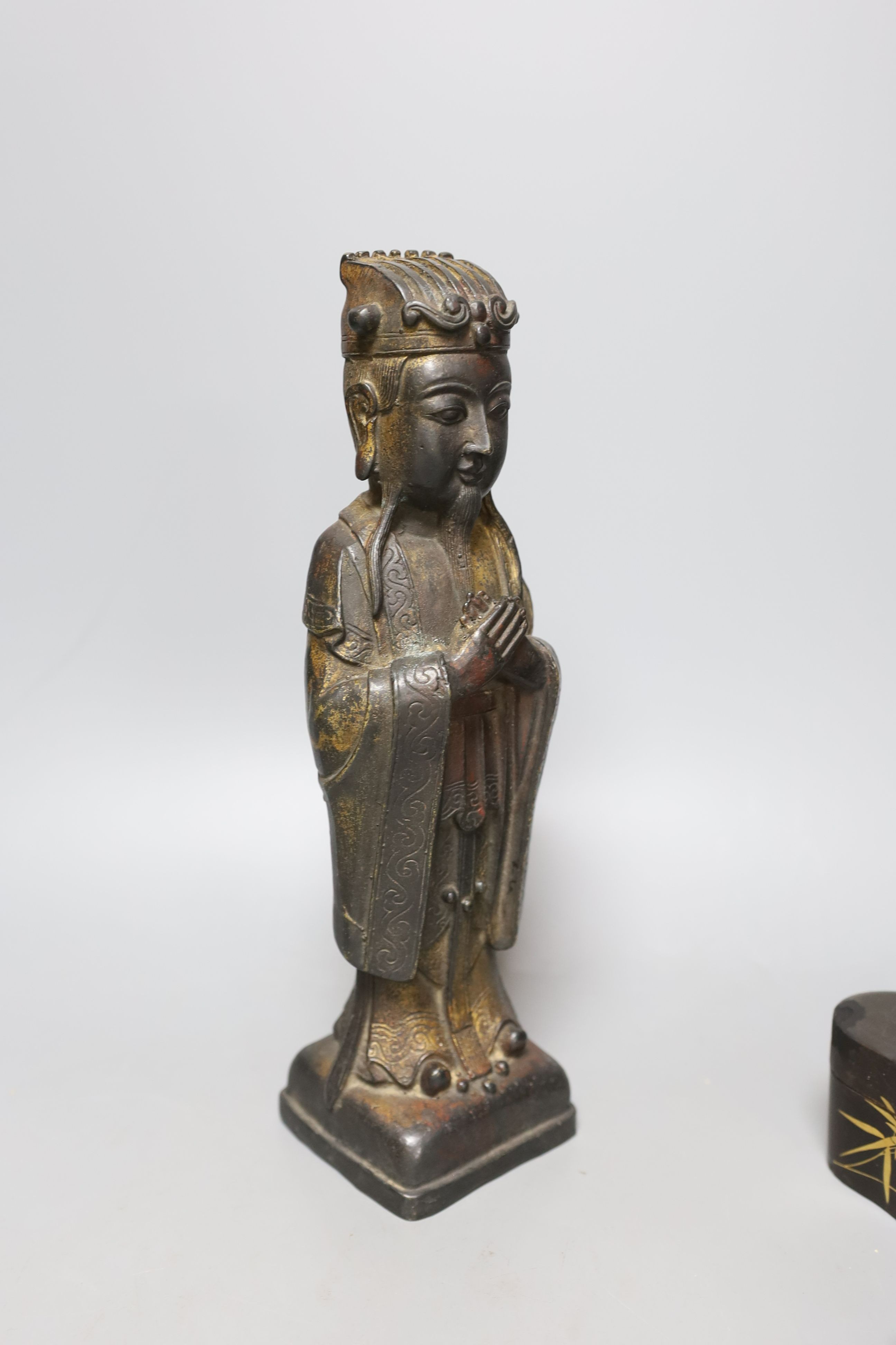 A Chinese bronze figure of an official and three Japanese lacquer boxes. Tallest 29cm - Image 5 of 6