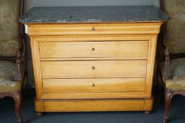 A 19th century French maple marble top commode, width 126cm, depth 61cm, height 96cm