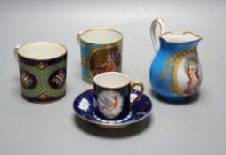 Two Sevres style porcelain coffee cans, cream jug and a cup and saucer,tallest ug 10 cms high.