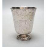 A 19th century French or Swiss engraved white metal beaker, 97mm, 90 grams.