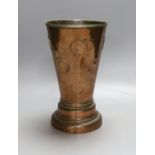 A Georgian copper gaming cup with dice in base, 20cm