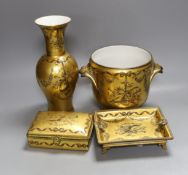 A French gilt ground porcelain cache pot, together with a matching box, ashtray and a vase - tallest