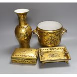 A French gilt ground porcelain cache pot, together with a matching box, ashtray and a vase - tallest