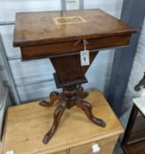 A Victorian walnut trumpet work table, the hinged top inset with a Tunbridge inlaid view of Eridge