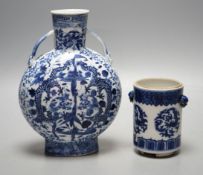 A Chinese blue and white moonflask and a similar pot, late Qing, tallest 20 cms high.