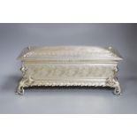 Large WMF plated presentation box, with pleated and buttoned turquoise satin interior,39 cms wide