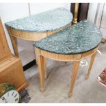 A near pair of reproduction pine marble topped D shaped console tables, larger width 83cm, depth