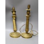 Pair of French Empire style ormolu candlesticks, converted to lamps, 36cm