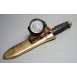 A Russian diver's knife, Spirotechnique diver's wristwatch,Knife 32 cms long.