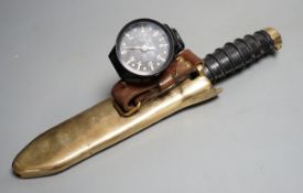 A Russian diver's knife, Spirotechnique diver's wristwatch,Knife 32 cms long.