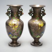 A pair of nice quality Chinese silver and enamel vases, late 19th century,15 cms high.