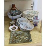 Assorted Japanese and Chinese items including a Japanese bronze square dish
