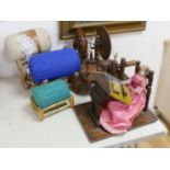 Two model spinning wheels, lace-maker’s pillows, bobbins, pillows etc
