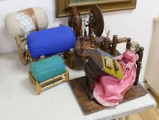 Two model spinning wheels, lace-maker’s pillows, bobbins, pillows etc