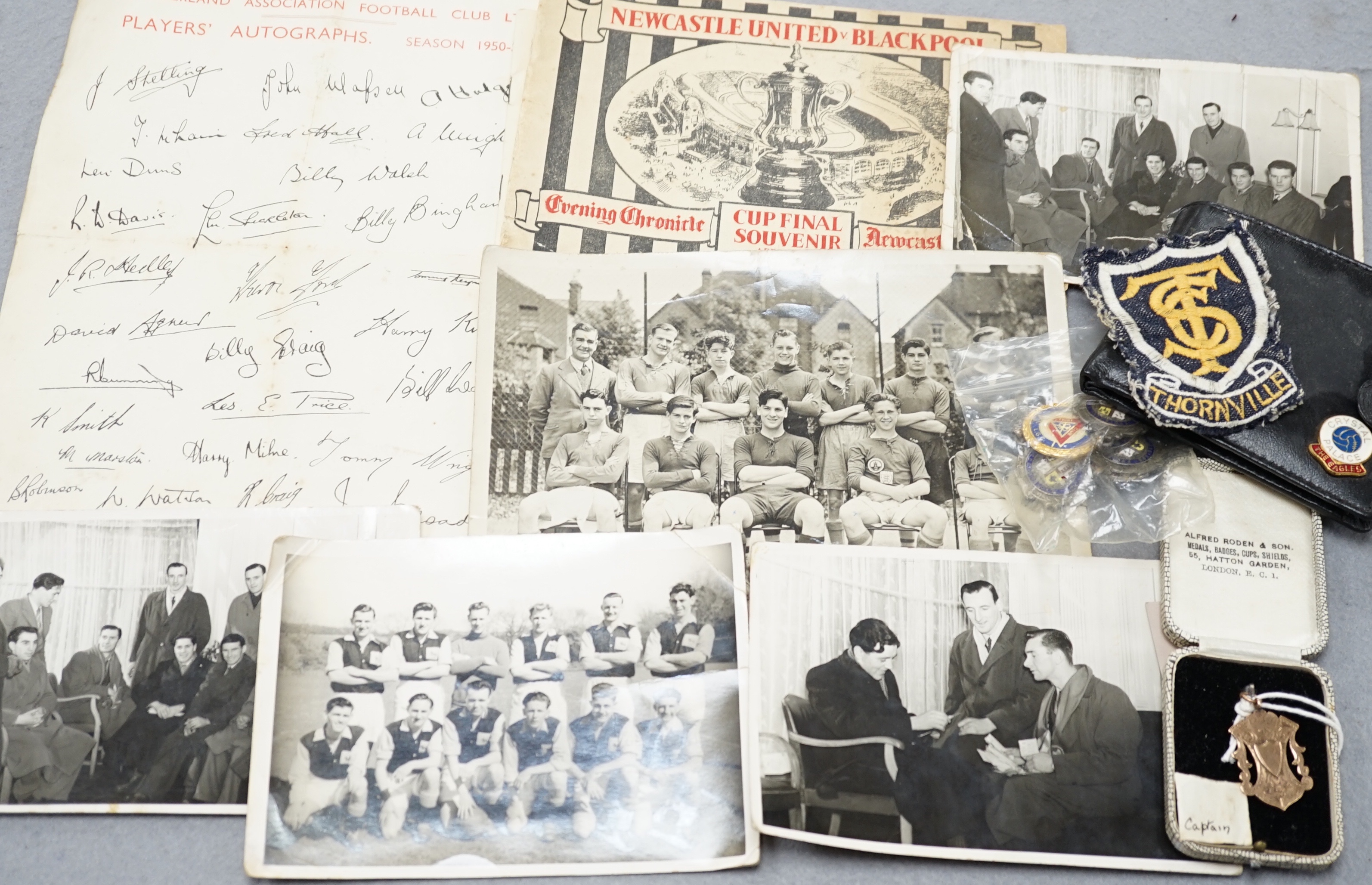 Football collection including 9ct. gold Tyneside Football League medal, 1896-97