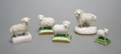 Five Staffordshire porcelain toy models of sheep, c.1830–50, including a pair of a ewe and a ram