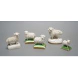 Five Staffordshire porcelain toy models of sheep, c.1830–50, including a pair of a ewe and a ram