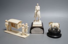 An Indian ivory sedan chair, an ivory horse and an ivory man on camel (General Gordon) with white