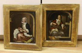 19th century German School, pair of oils on zinc, Lacemaker and Mandolin Player, 19 x 16cm