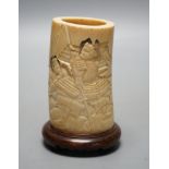 A Japanese Meiji period brush pot with samurai,23 cms high including stand.