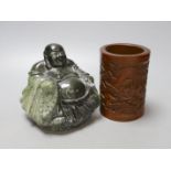 A Chinese bamboo brush pot, 13cm tall, and a green hardstone figure of Budai