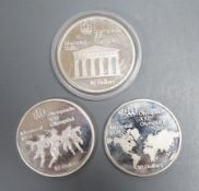 Three Canadian $10 silver Olympic Coin, Montreal 1976 Games total weight 145.2 grams.