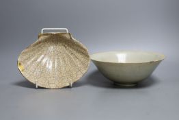 A Chinese Qingbai bowl and a Ge ware type shell dish, Yuan dynasty or later. Largest 18cm diameter