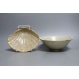 A Chinese Qingbai bowl and a Ge ware type shell dish, Yuan dynasty or later. Largest 18cm diameter