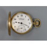 A George V 9ct gold half hunter keyless pocket watch by Samuel of Manchester, case diameter 49mm,