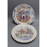 A pair of Russian porcelain dishes, painted by Malysheva and dated 1992, 35cm diameter