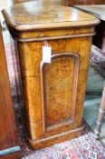 A Victorian figured walnut bedside cabinet, width 42cm, depth 38cm, height 75cm