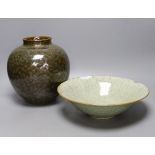 A Chinese Jian type ginger jar and a crackle glazed celadon bowl, 28cm diameter