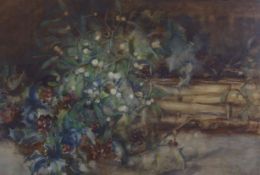 Hannah Hoyland, watercolour, Still life of mistletoe and holly, signed, 32 x 47cm