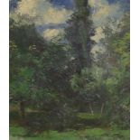 T.F. Gibbs, oil on canvas, 'The Orchard', signed, with Piccadilly Gallery label verso, 40 x 34cm