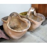 A pair of French terracotta basket garden planters, width 34cm, length 52cm, height 42cm