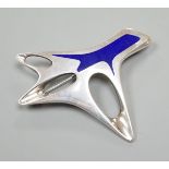 A Henning Koppel for Georg Jensen sterling and blue enamel abstract brooch, no. 323, 60mm (pin a.