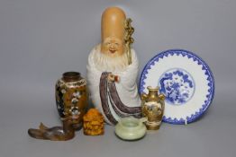 Mixed Chinese and Japanese collectables including a figure of Hotei, satsuma vase, cloisonné vase