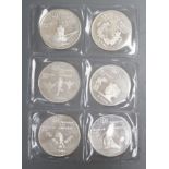 Six Canadian $5 silver Olympic Coins Montreal 1976 Games, total weight 146.4 grams.