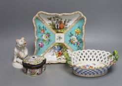 A moden Meissen figure of a bear, 11cm tall, together with a painted porcelain trinket box and two